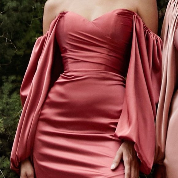 NEW SATIN FLOOR LENGTH DRESS WITH BILLOWY LONG SLEEVES AND ZIPPER BACK CD 7482C - Picture 1 of 10